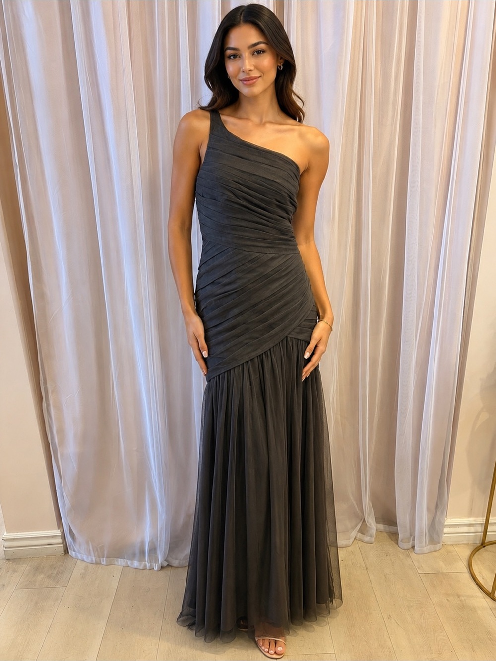 Vera Wang One-Shoulder Charcoal Gown